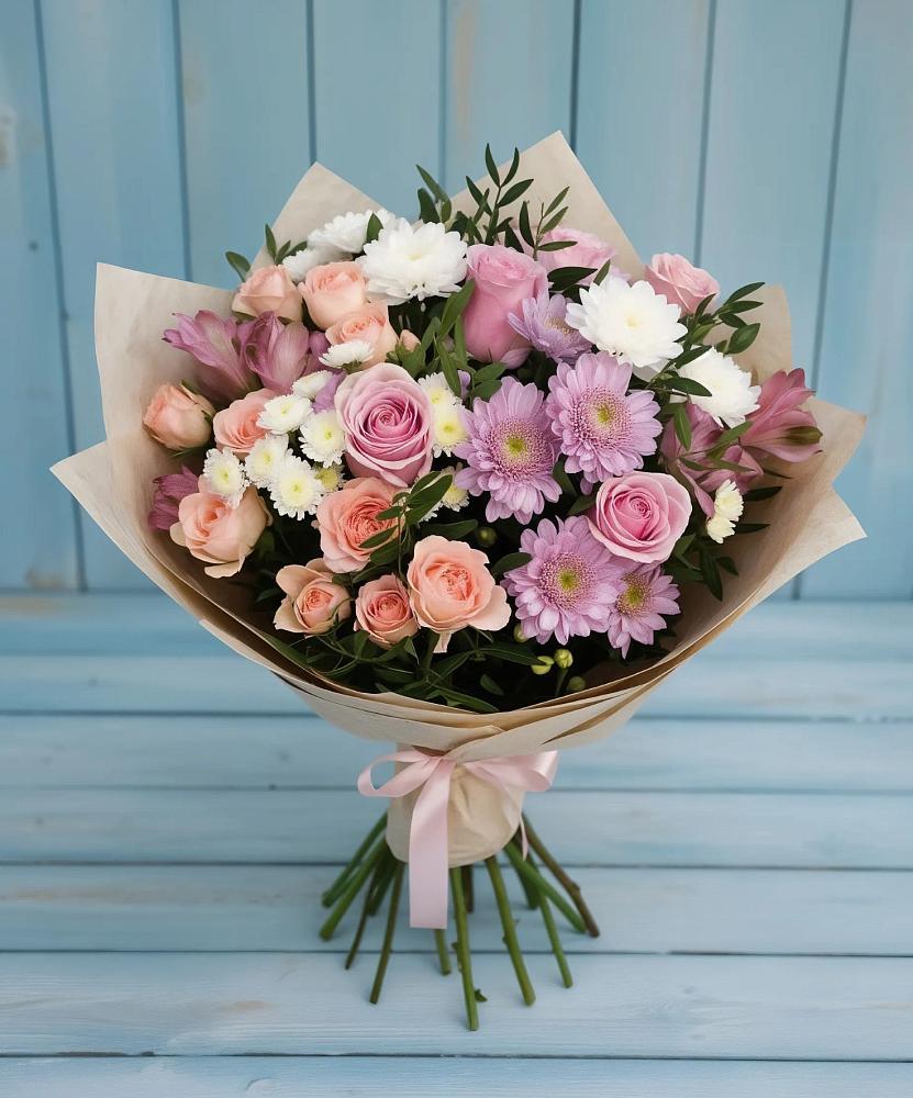 Букет цветов из: Хризантемы, Розы и Альстромерии в Старое Шайгово