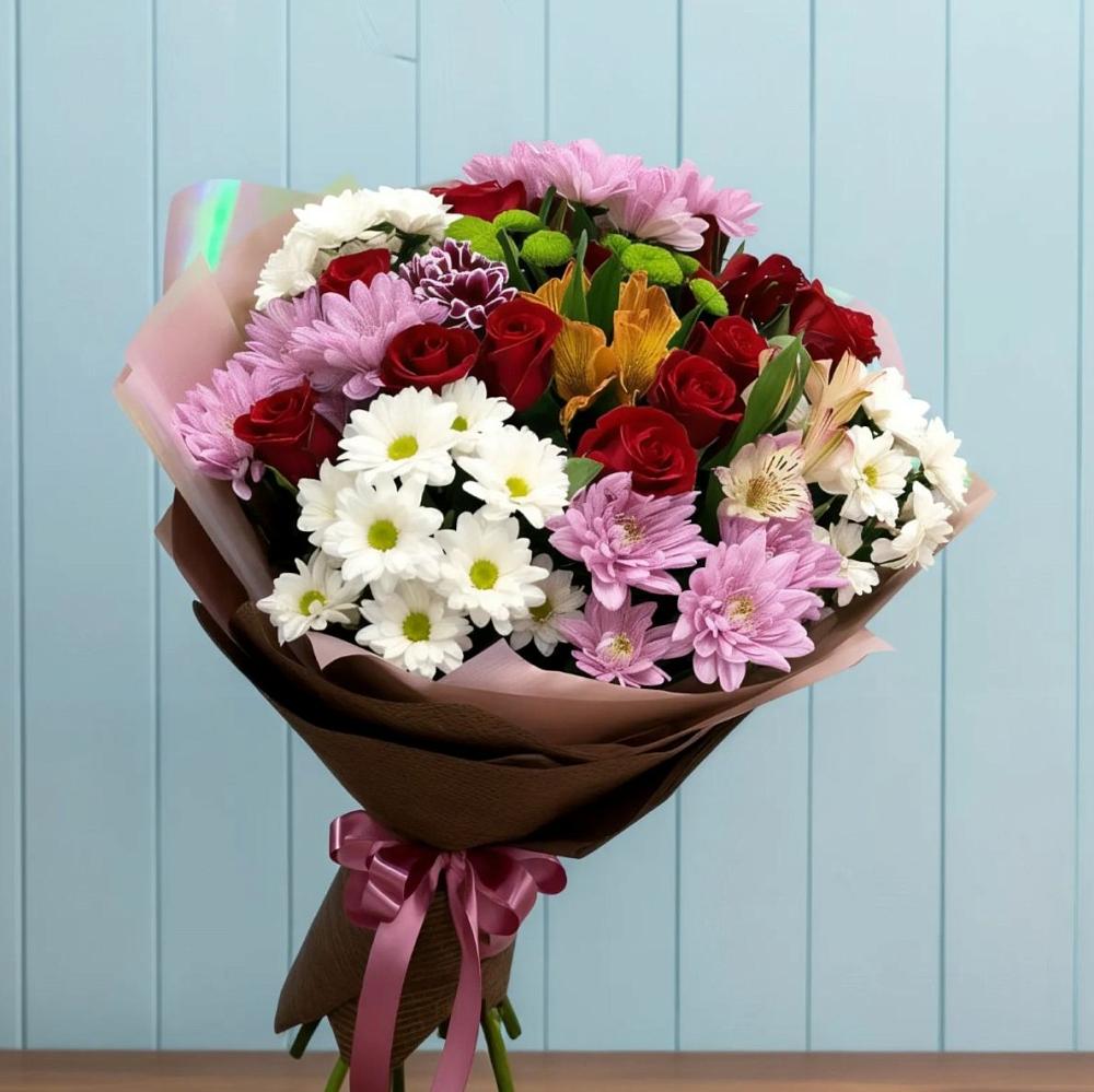 Букет цветов из: Розы, Хризантемы и Альстромерии в Старое Шайгово